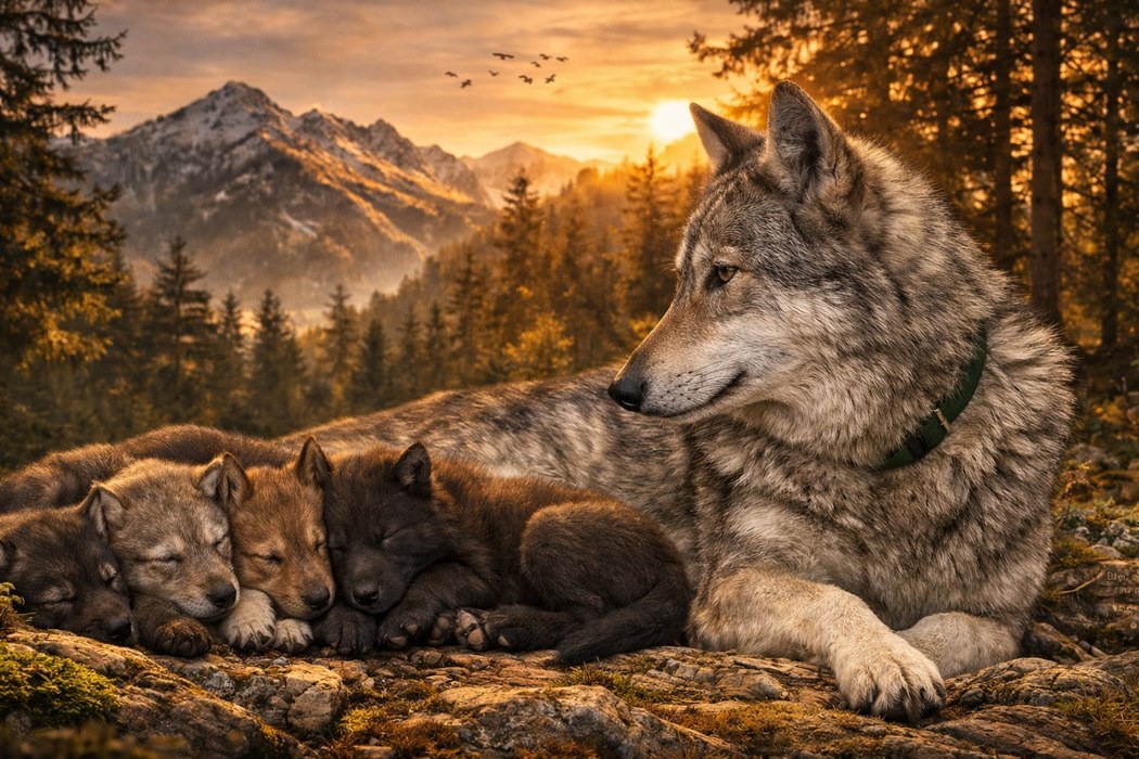 Élevage Wolfpack — chien loup et chiots au coucher de soleil